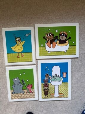 Handmade kids bathroom wall art / wall decor on wood background.  Price for all.